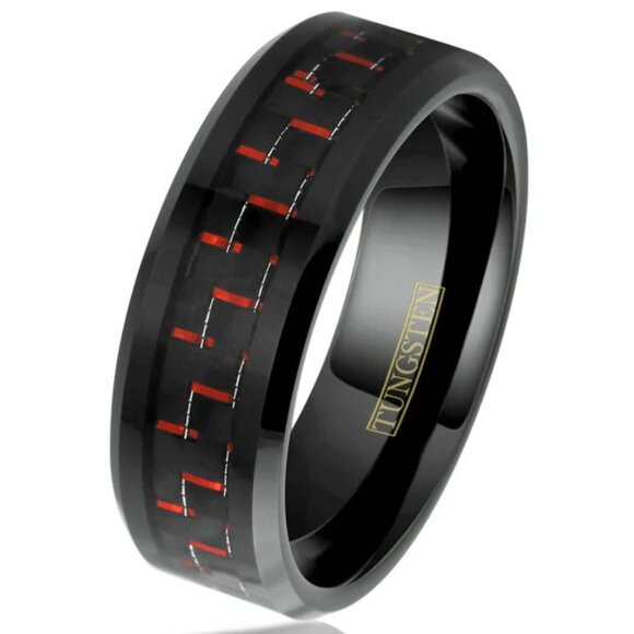 BLACK TUNGSTEN RING WITH SPECTACULAR RED AND BLACK CARBON FIBER INLAY - Picture 1 of 4